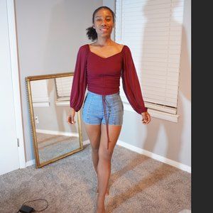 Feminine Cinched Waist Off-The-Shoulder Fitted Top with Sheer Long Sleeves